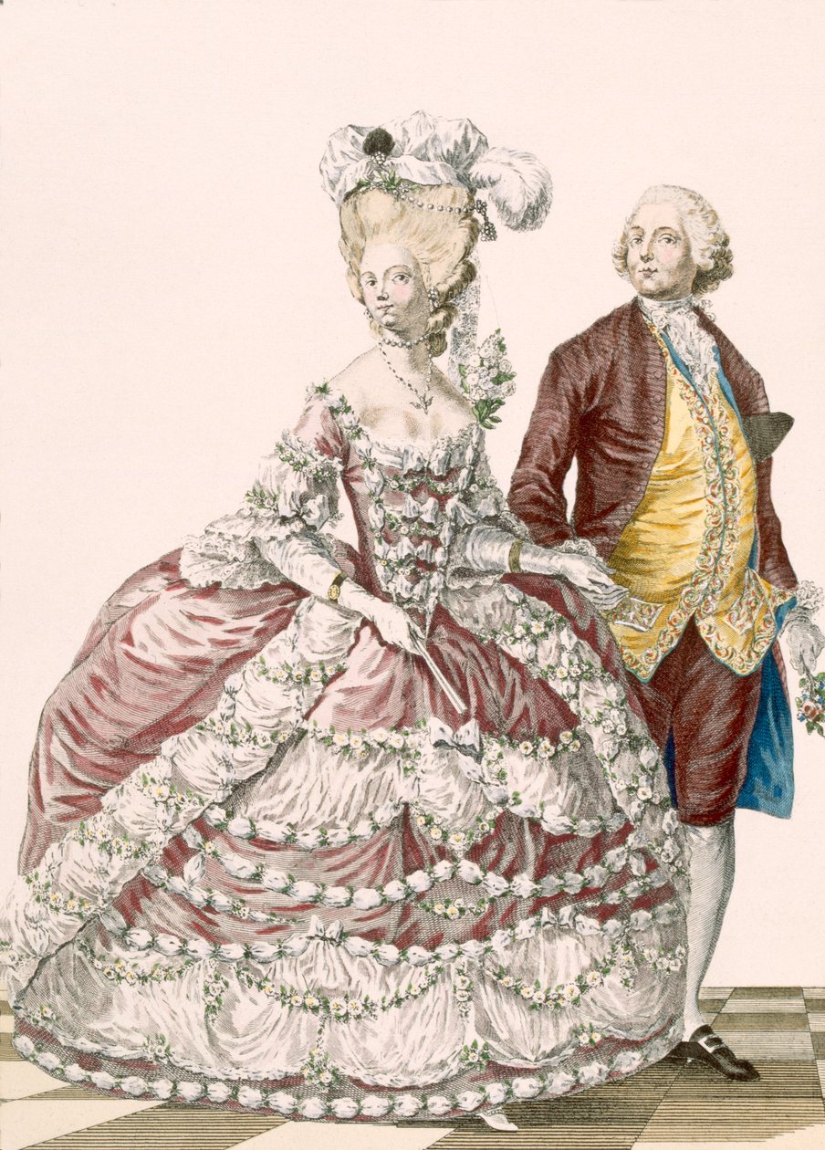 Könnyű esküvői ruha, Dupin gravírozása, 88-as tábla a „Galeries des Modes et Costumes Francais”-ból, 1778-87 körül (színes metszet) 99:ruházat; tradicionális öltözet; népviselet; divat; ábra; c18th; divatos; ruházat; női; férfi; gau alkotó: Pierre Thomas (after) Le Clerc