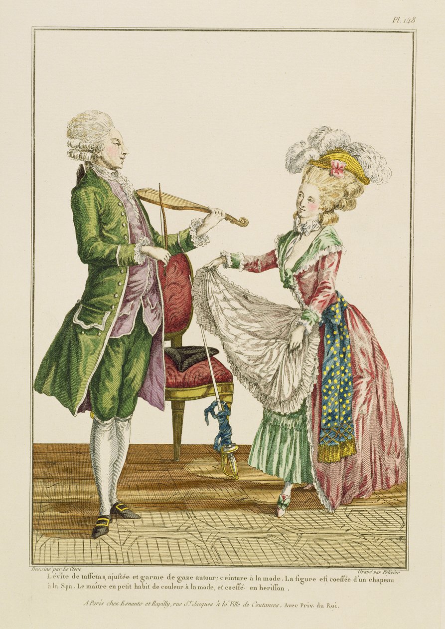 Egy úriember hegedül, miközben egy hölgy táncol, J. Pelicier metszete, 1780-90 körül alkotó: Pierre Thomas Le Clerc