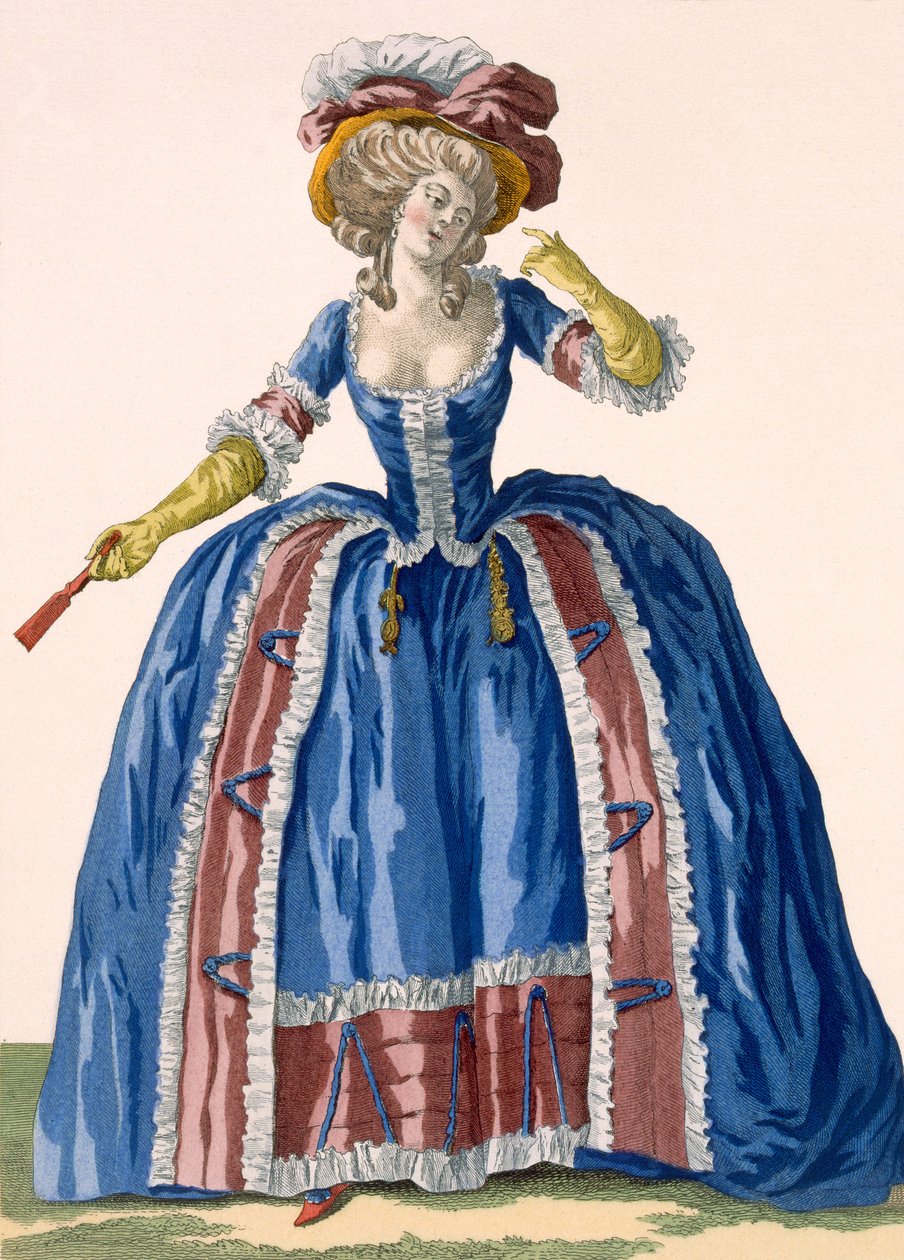Angol stílusú karikás ruha, elektromos kék színben, bordó rojtos szegéllyel, Bacquoy metszete, 182. sz. tányér a "Galeries des Modes et Costumes Francais", 1778-87 körüli 99:clothing; alkotó: Pierre Thomas Le Clerc