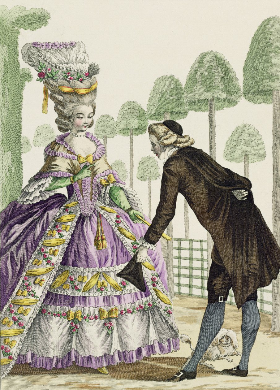 Lila ruhás hölgy sétány a Palais Royal kertjében, a „Galerie des Modes et Costumes Francais” 13. táblája, metszett Etienne Claude Voysard (1746-1812) 1778 alkotó: Pierre Thomas Le Clerc