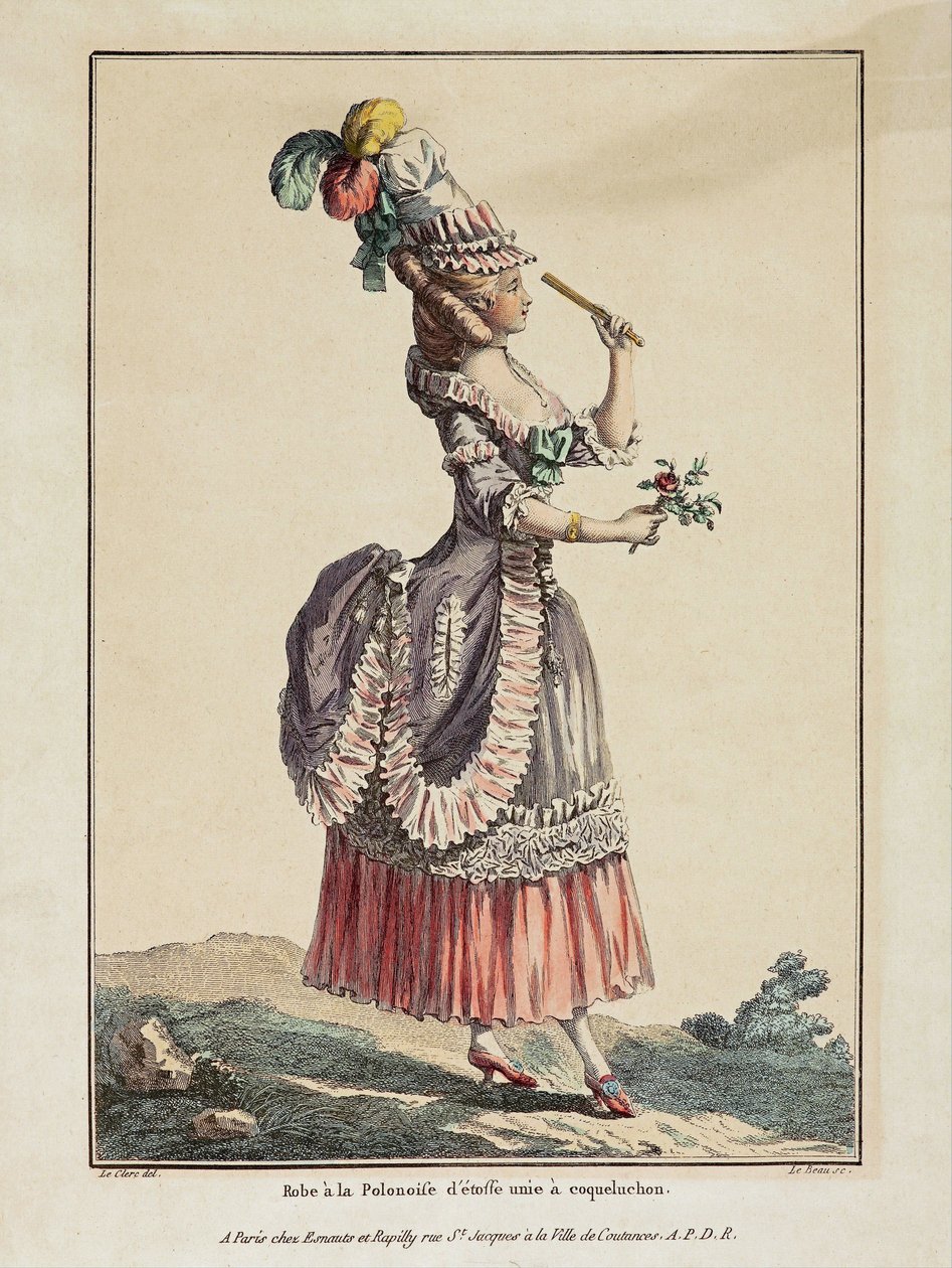 Sima szövetből készült lengyel ruha coqueluchonnal - Pierre Thomas Le Clerc (1739-1796) munkája, metszet és akvarell, a Gallerie des modes et costumes francais-ból kivonva alkotó: Pierre Thomas Le Clerc