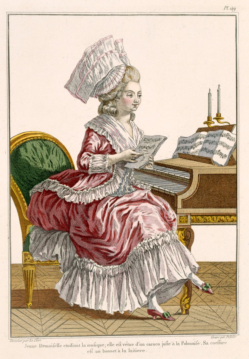 Fiatal nő, aki zenét tanul csembalóján, 149. lemez a „Galerie des Modes et Costumes Francais”-ból, J. Pelicier metszet, 1778 alkotó: Pierre Thomas Le Clerc