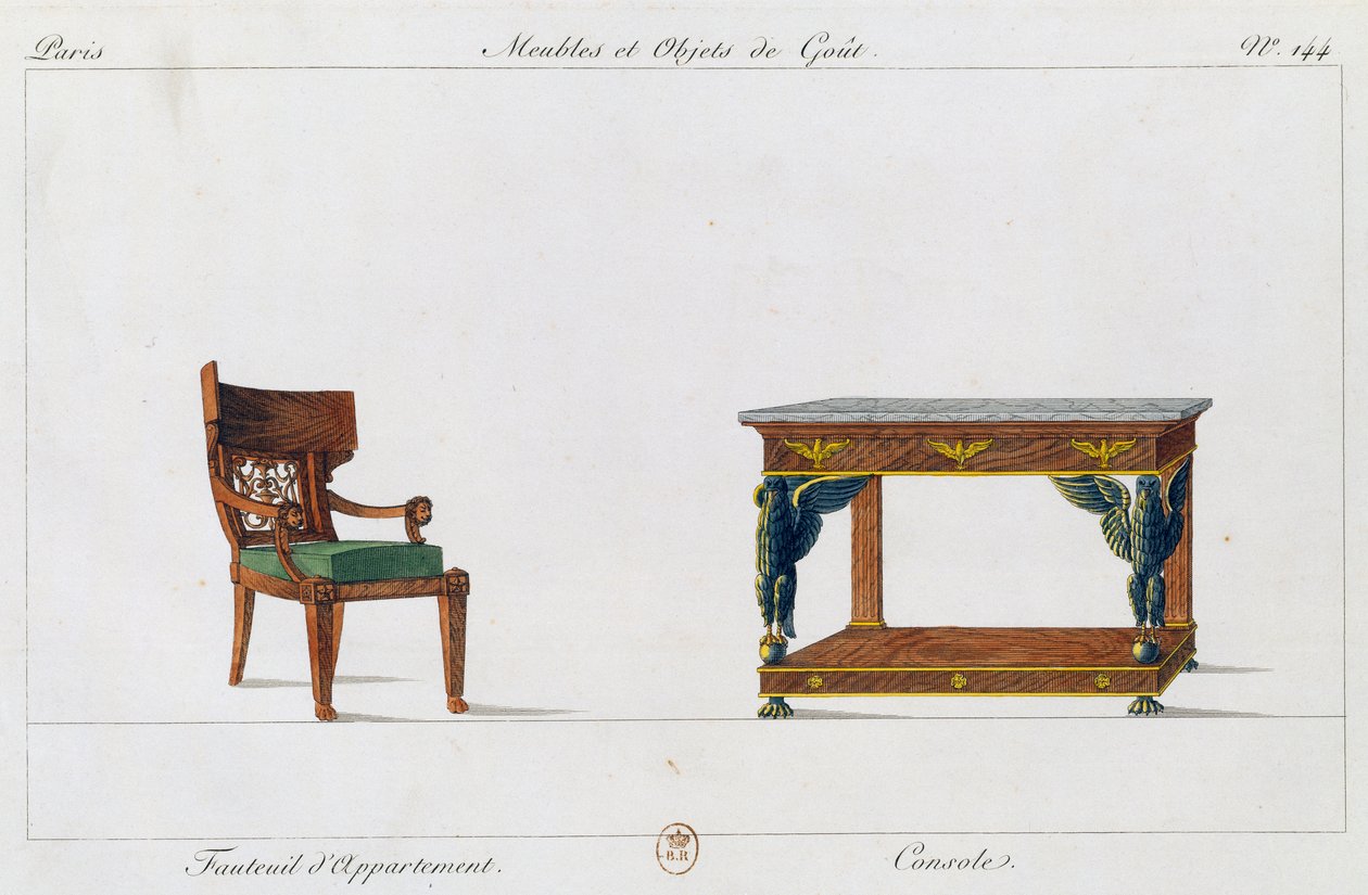 Lakásfotel és konzol, 144-es tábla, illusztráció a Collection de meubles et objects de goutból (Bútorok és ízléses tárgyak gyűjteménye) alkotó: Pierre de La Mesangere