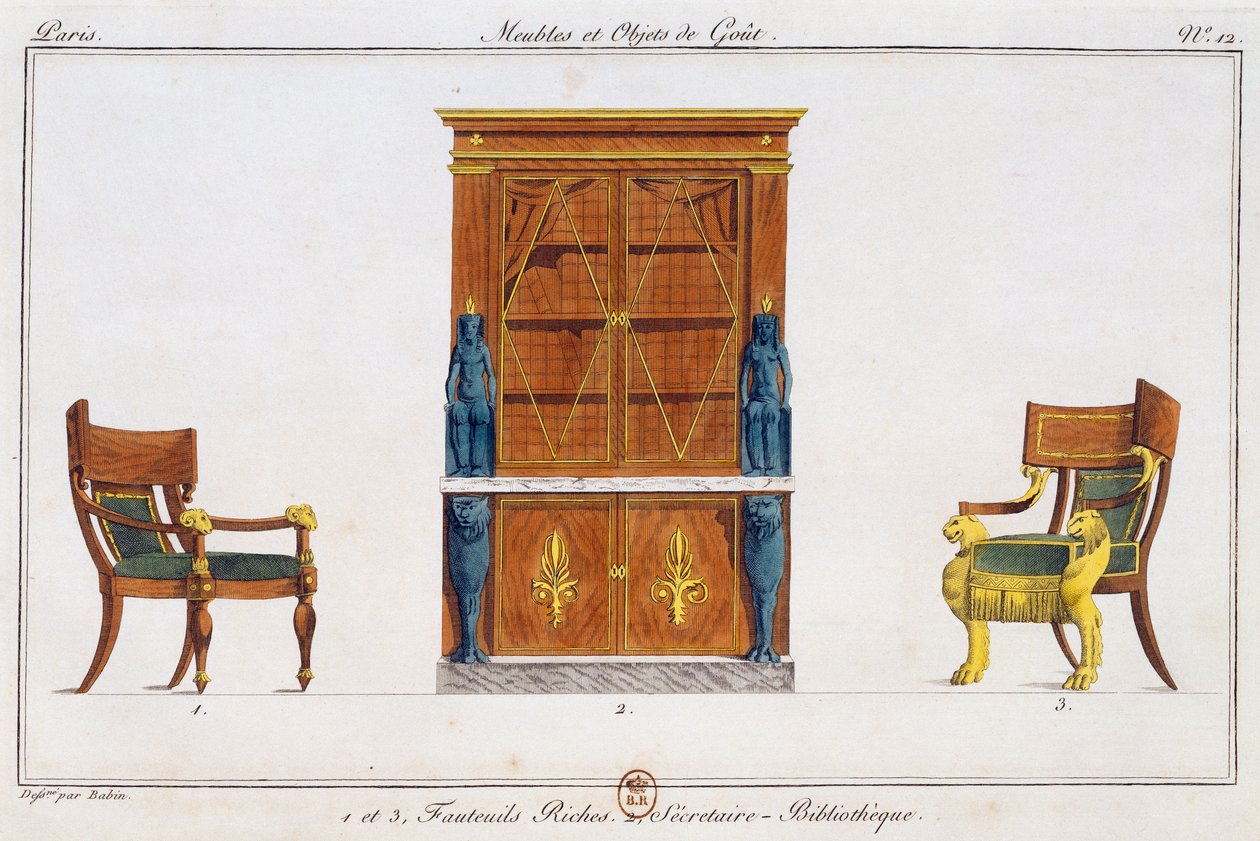 Fotelek és könyvtári íróasztal, 12-es tányér, illusztráció a Collection de meubles et objects de goutból (Bútorok és ízléses tárgyak gyűjteménye) alkotó: Pierre de La Mesangere