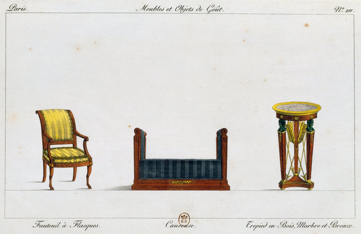 Karimás fotel, ülőgarnitúra és állványasztal, 211-es tányér, illusztráció a Collection de meubles et objects de goutból (Bútorok és ízléses tárgyak gyűjteménye) alkotó: Pierre de La Mesangere