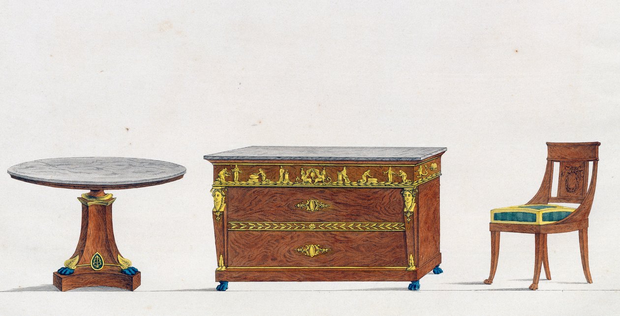 Mahagóni asztal, komód és szék, 241-es tányér, illusztráció a Collection de meubles et objects de goutból (Bútorok és ízléses tárgyak gyűjteménye) alkotó: Pierre de La Mesangere