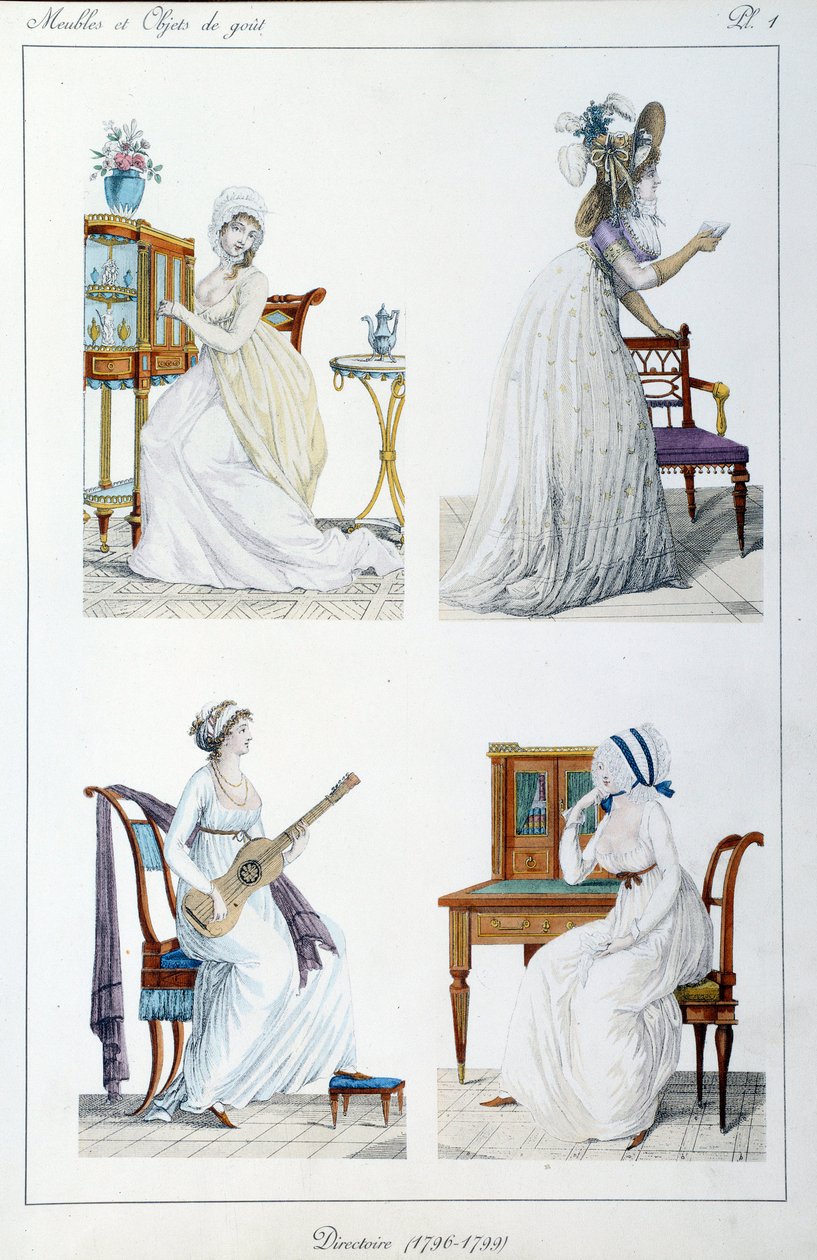 Portrék a korabeli nőkről, akik különböző művészeti és társadalmi tevékenységet folytattak. Tányér Pierre de la Mesangere (1761-1831) „” Collection de meubles et objets de tas”” gyűjteményéből. 1802. Párizs. Dekoratív művészet alkotó: Pierre de La Mesangere