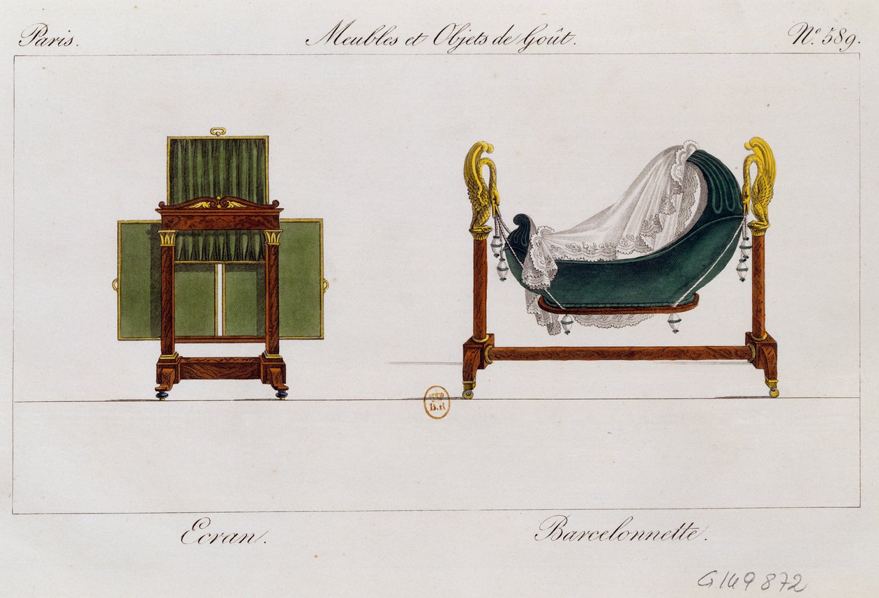 Képernyő és hintabölcső, 589-es tányér, illusztráció a Collection de meubles et objects de goutból (Bútorok és ízléses tárgyak gyűjteménye) alkotó: Pierre de La Mesangere