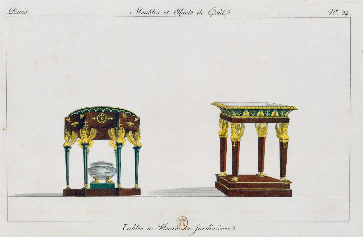 Asztalok virágokhoz vagy virágállványokhoz, 84-es tányér, illusztráció a Collection de meubles et objects de goutból (Bútorok és ízléses tárgyak gyűjteménye) alkotó: Pierre de La Mesangere