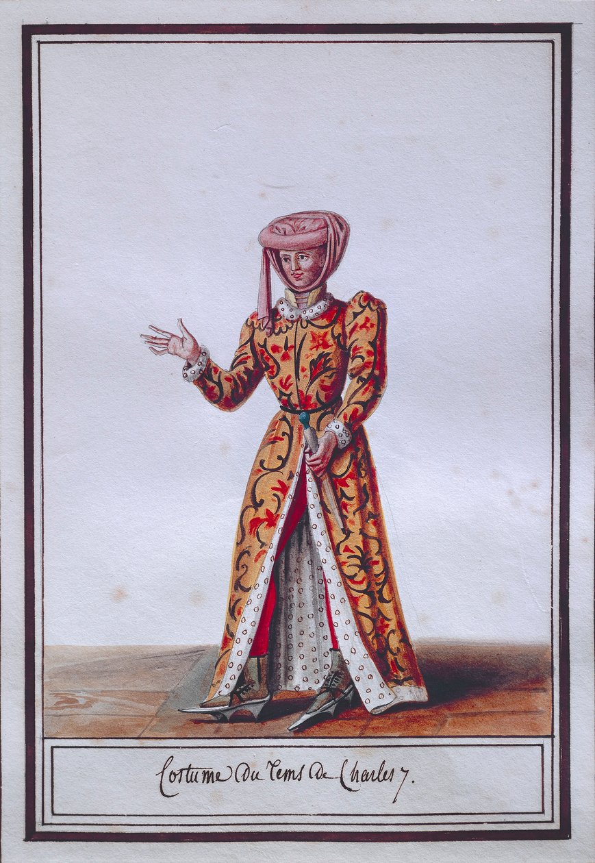 VII. Károly (1403-1461) korabeli jelmezét ábrázoló női divattányér, Pierre Antoine Leboux de La Mesangere (1761-1831), akvarell alkotó: Pierre de La Mesangere