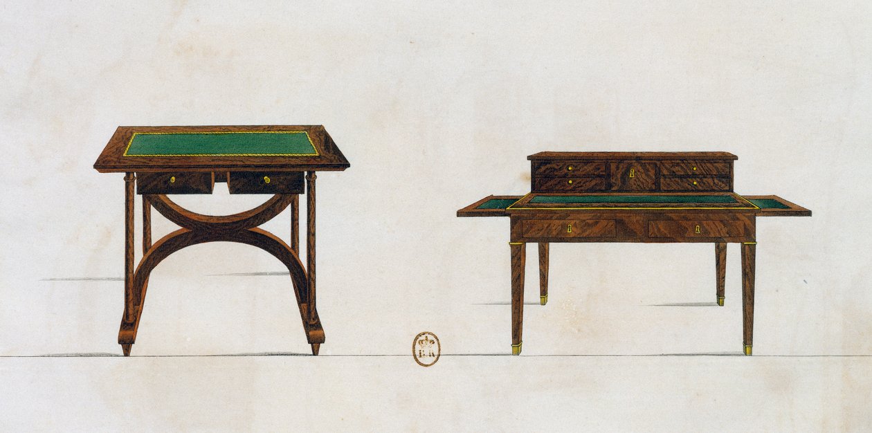 Íróasztal és íróasztal, 436-os tányér, illusztráció a Collection de meubles et objects de goutból (Bútorok és ízléses tárgyak gyűjteménye) alkotó: Pierre de La Mesangere