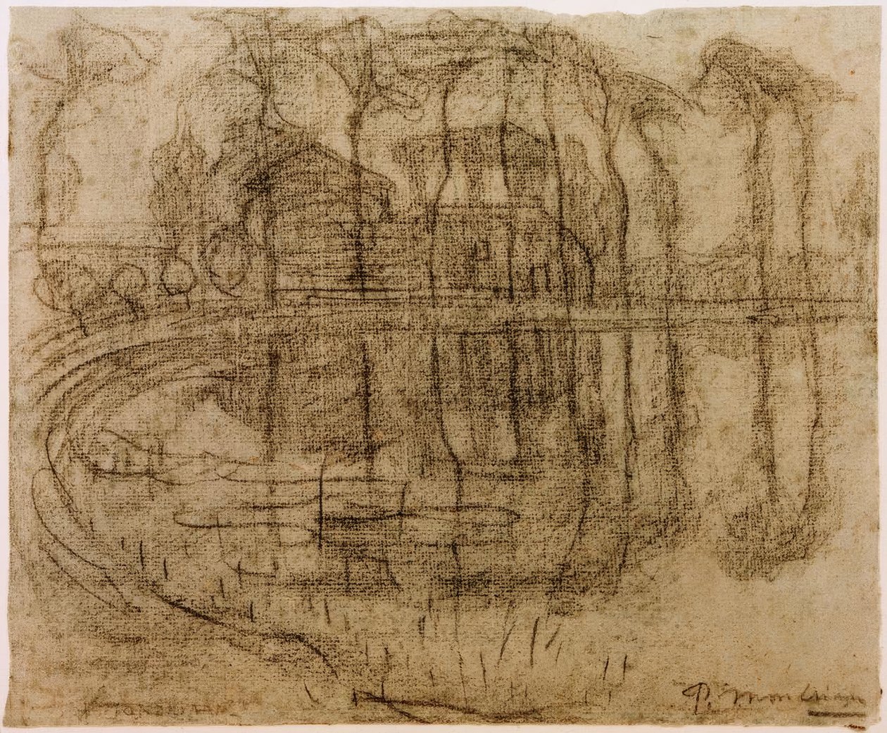 Parasztház fákkal a víz mellett alkotó: Piet Mondrian