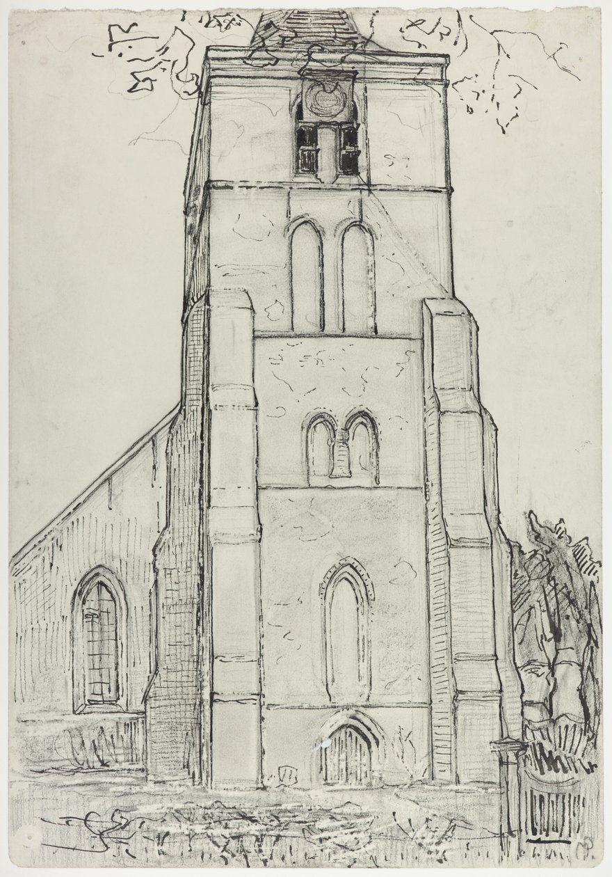 Domburgi templomtorony, 1910 vége – 1911 eleje (tinta ceruzával és zsírkrétával a papíron) alkotó: Piet Mondrian