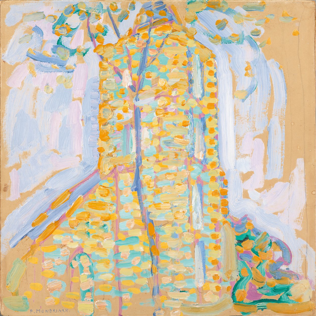Domburgi templom fával, 1909 (olaj, karton) alkotó: Piet Mondrian