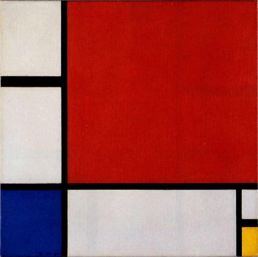 II. Összetétel piros, kék és sárga színben alkotó: Piet Mondrian