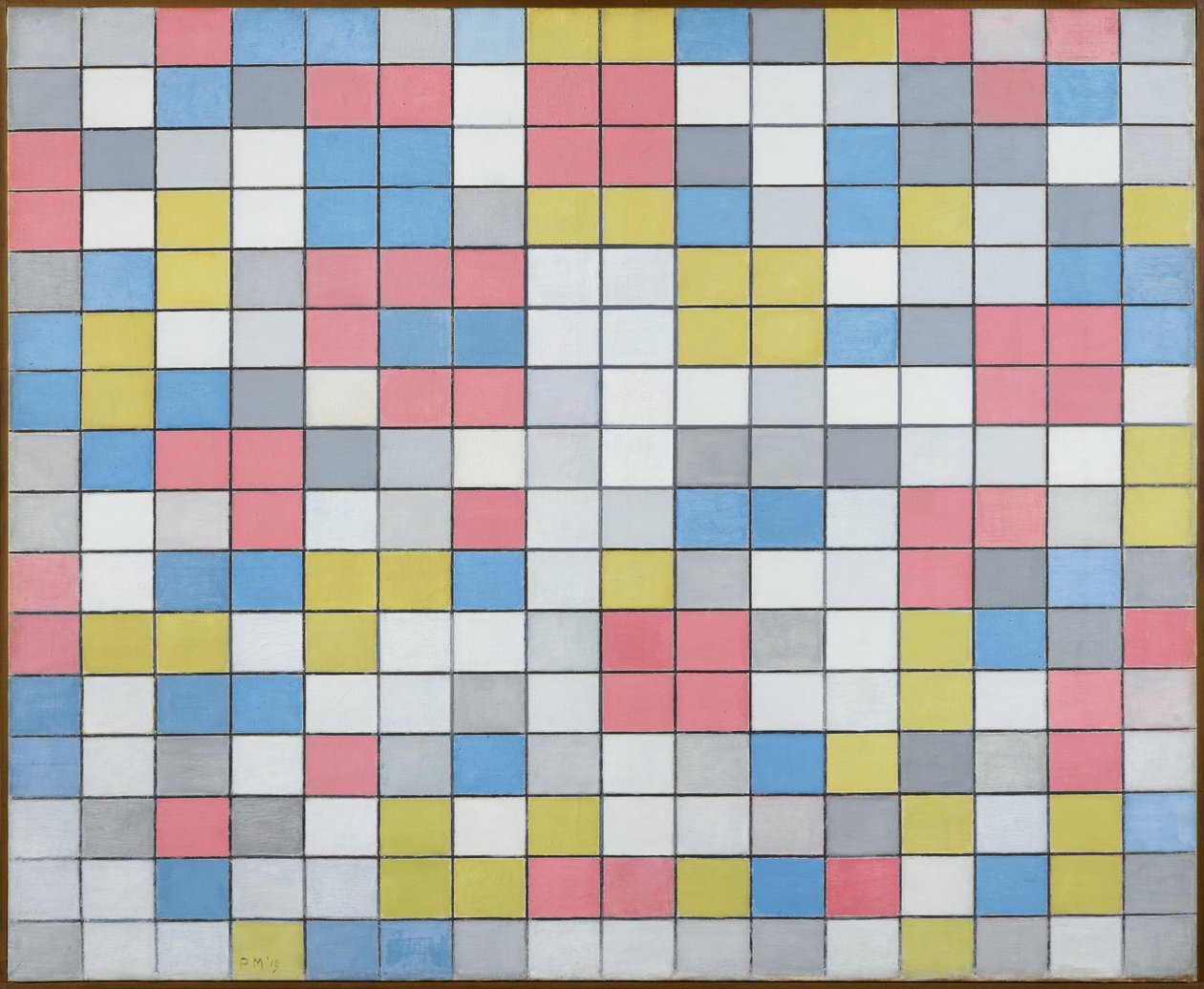 Kompozíció 9-es ráccsal: Sakktábla kompozíció világos színekkel, 1919 alkotó: Piet Mondrian