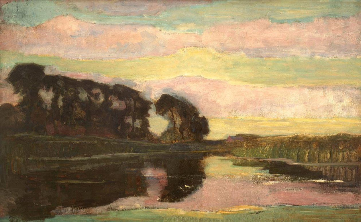 Folyói táj rózsaszín és sárga-zöld égbolttal alkotó: Piet Mondrian