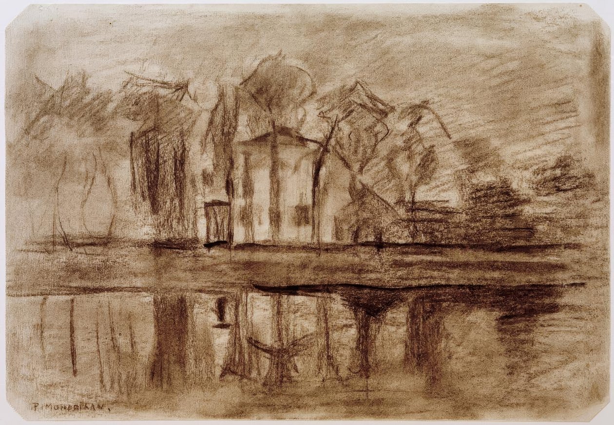 Ház fákkal a víz mellett alkotó: Piet Mondrian