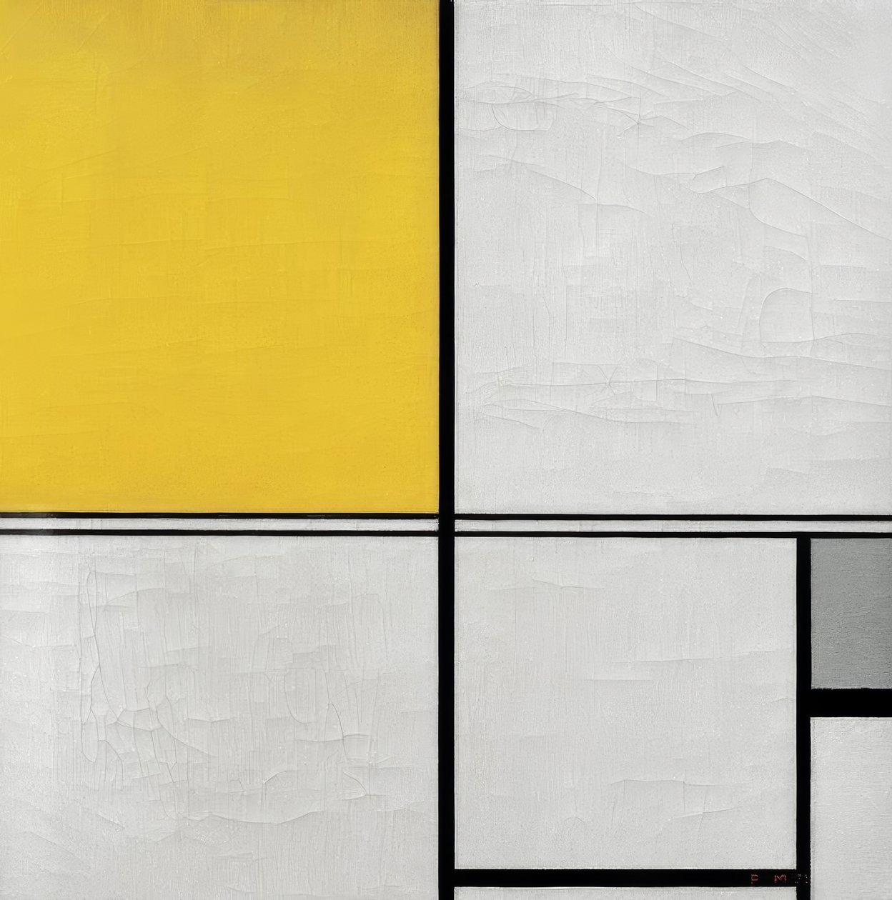 Dupla vonalú, sárga és szürke kompozíció alkotó: Piet Mondrian