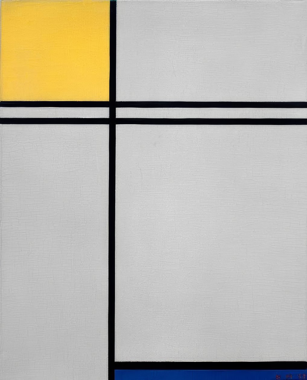 Kompozíció sárga, kék és dupla vonallal alkotó: Piet Mondrian