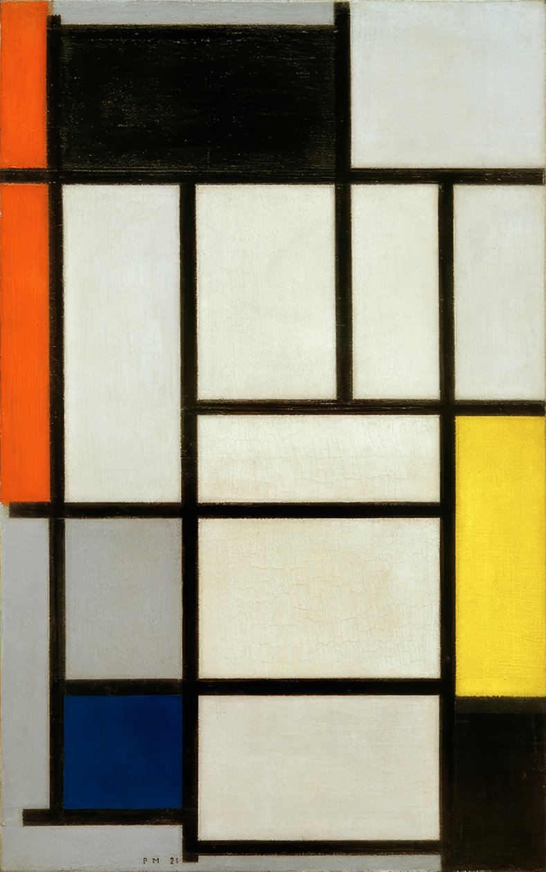 Összetétel vörös, fekete, sárga, kék és szürke színekkel; Composi alkotó: Piet Mondrian