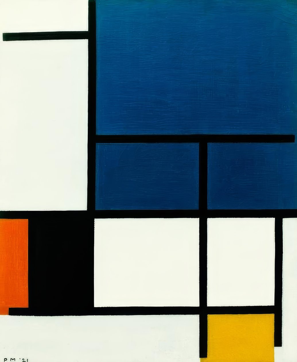 Kompozíció nagy kék területtel, piros, fekete, sárga és alkotó: Piet Mondrian