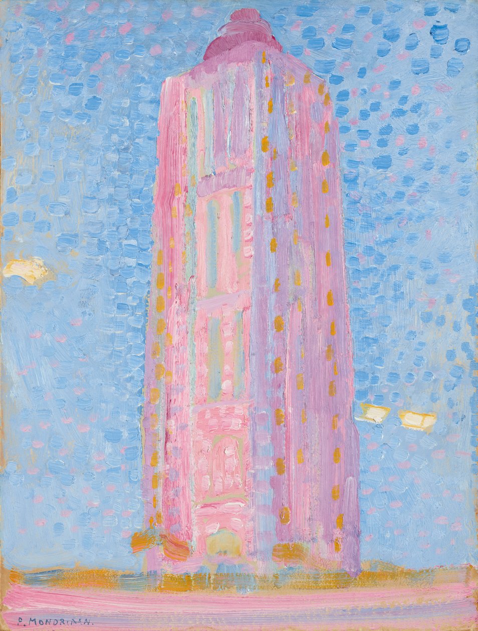 Világítótorony Westkapelle rózsaszínben, 1909 (olaj, karton) alkotó: Piet Mondrian