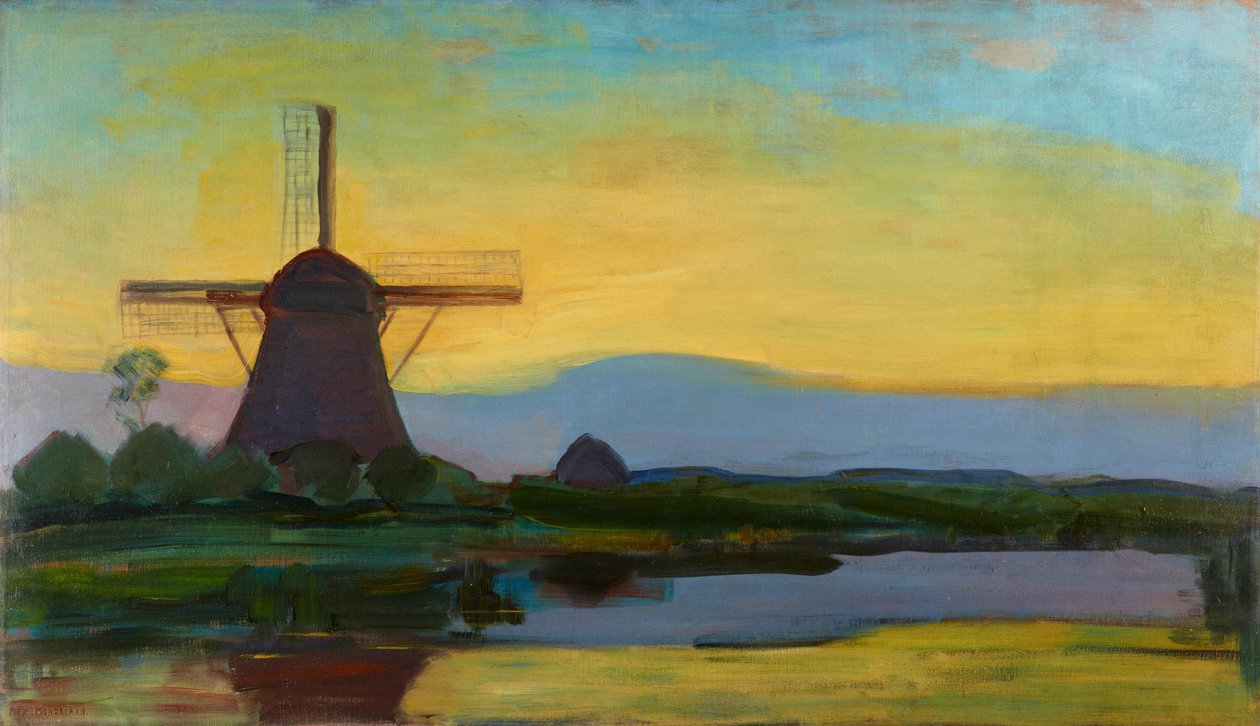 Oostzijdse malom kiterjesztett kék, sárga és lila égbolttal, 1907 körül - 1908 eleje alkotó: Piet Mondrian