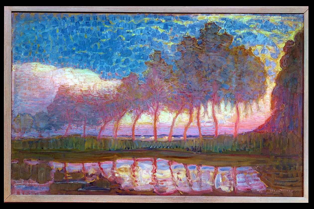 Tizenegy nyárfa sor piros, sárga, kék és zöld színben, 1908 alkotó: Piet Mondrian