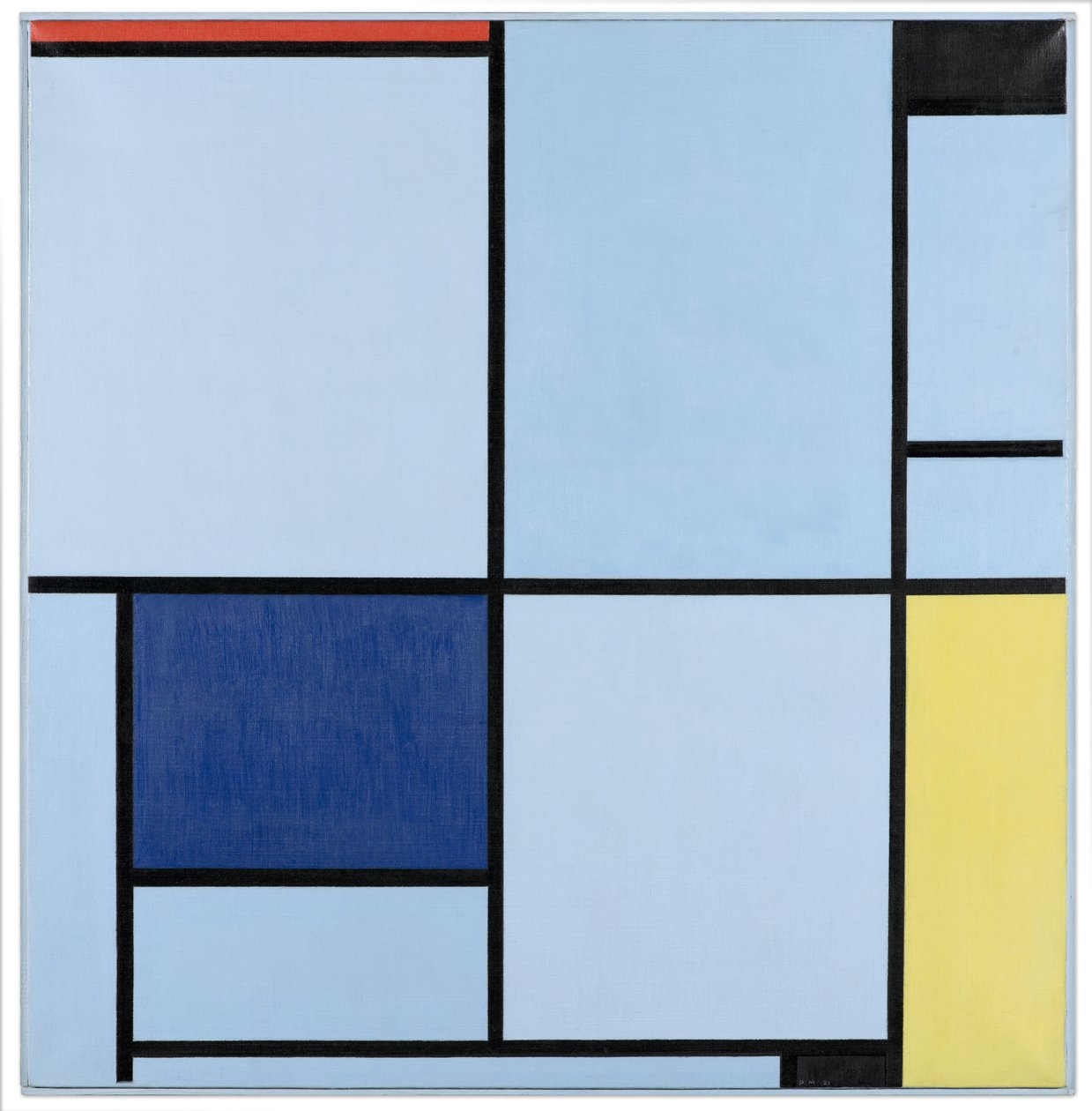 1. tábla, piros, fekete, kék és sárga színekkel, 1921 alkotó: Piet Mondrian