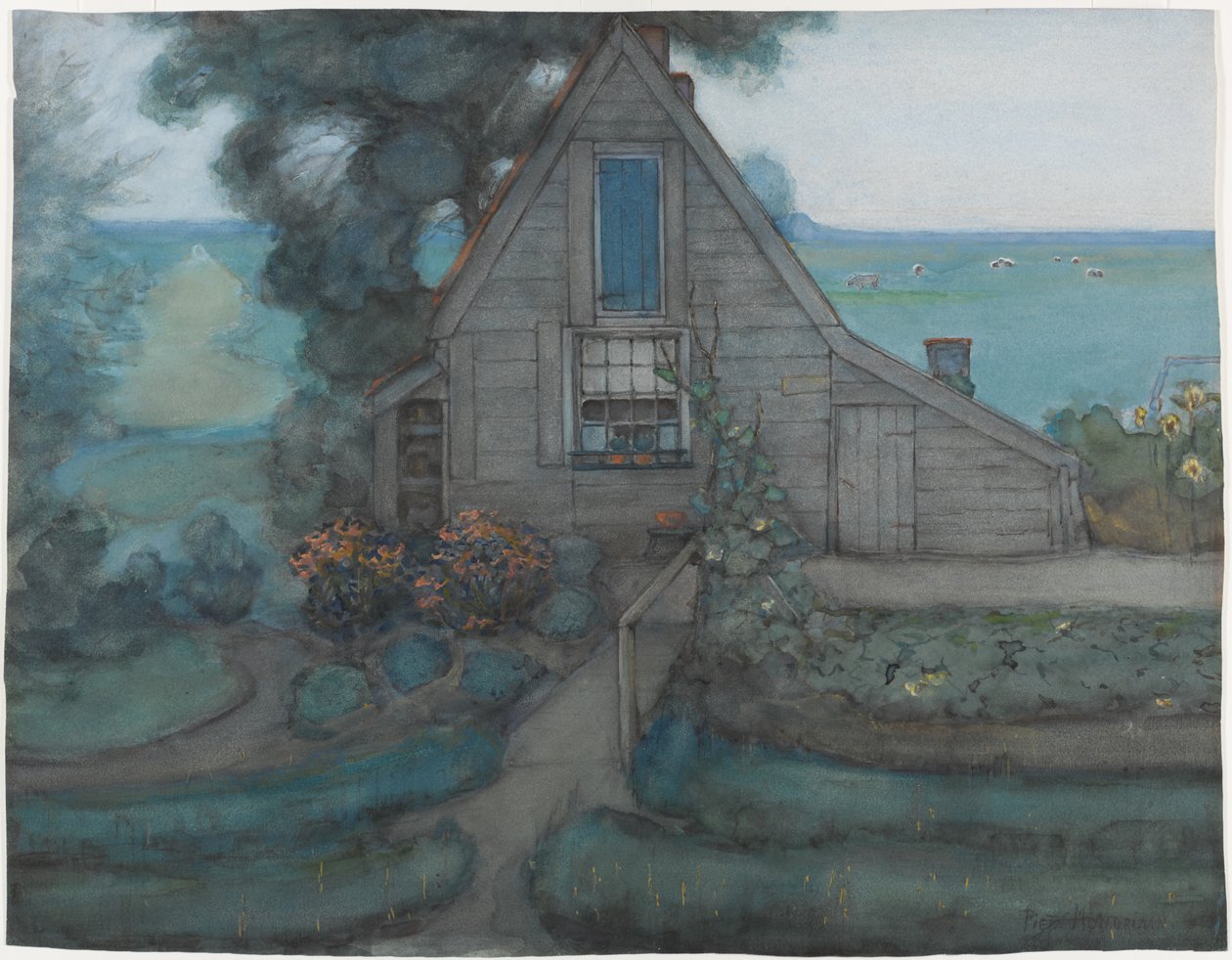 Háromszögletes parasztház homlokzat kék polderrel, 1900 körül (wc és gouache papíron) alkotó: Piet Mondrian