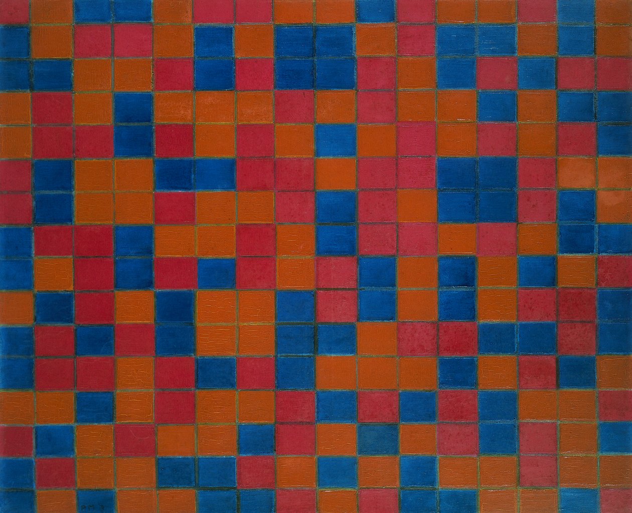Sakktábla kompozíció sötét színekkel alkotó: Piet Mondrian