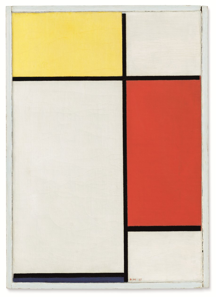 Összetétel: Sárga, piros és kék színnel. alkotó: Piet Mondrian