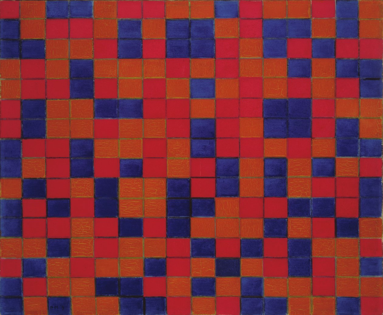 Kompozíció 8-as ráccsal: Sakktábla kompozíció sötét színekkel alkotó: Piet Mondrian