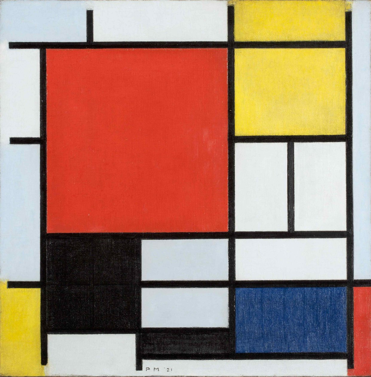 Kompozíció nagy piros lappal, sárga, fekete, szürke és kék, 1921. alkotó: Piet Mondrian