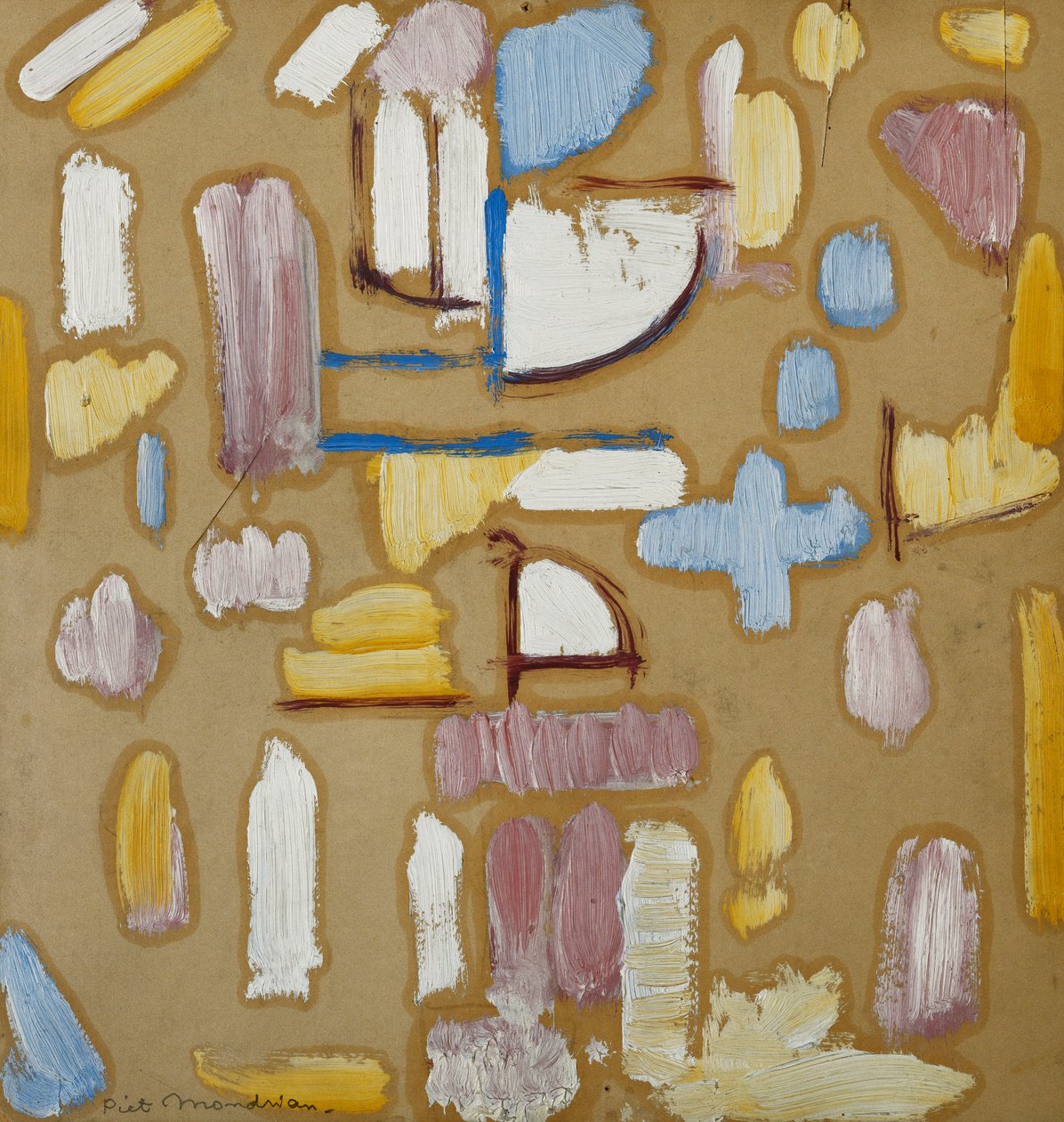 Rózsaszín, kék, sárga és fehér kompozíció (templom homlokzata), 1912 körül (olaj, fedélzeten) alkotó: Piet Mondrian