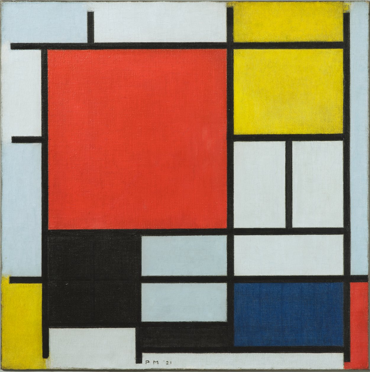 Kompozíció nagy piros síkkal, sárga, fekete, szürke és kék, 1921 alkotó: Piet Mondrian