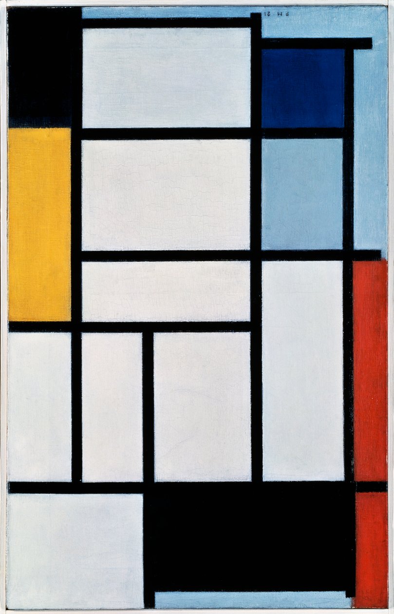 Összetétel piros, fekete, sárga, kék és szürke színekkel alkotó: Piet Mondrian