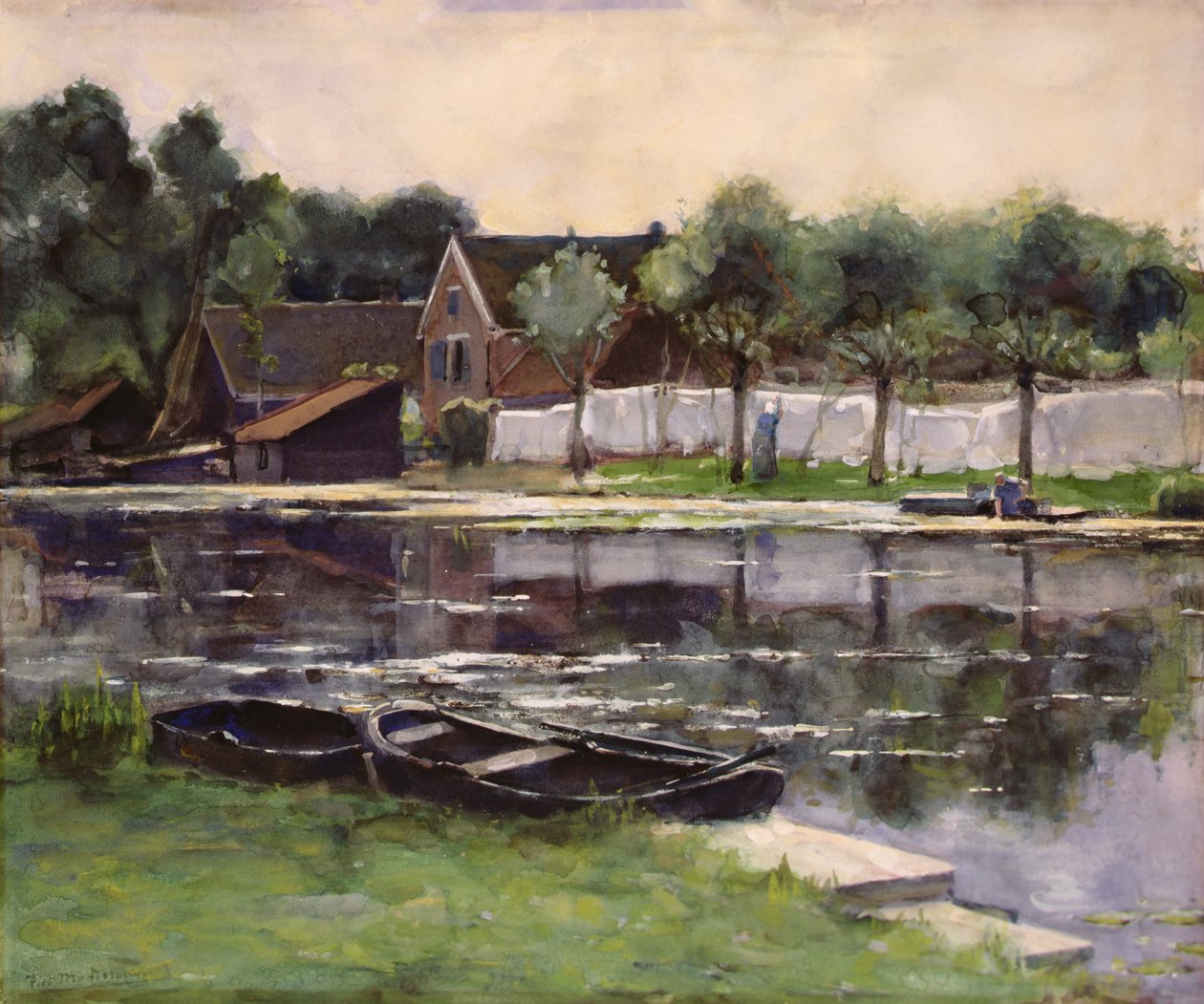 Farmer feleségek mosodával egy folyó határán alkotó: Piet Mondrian