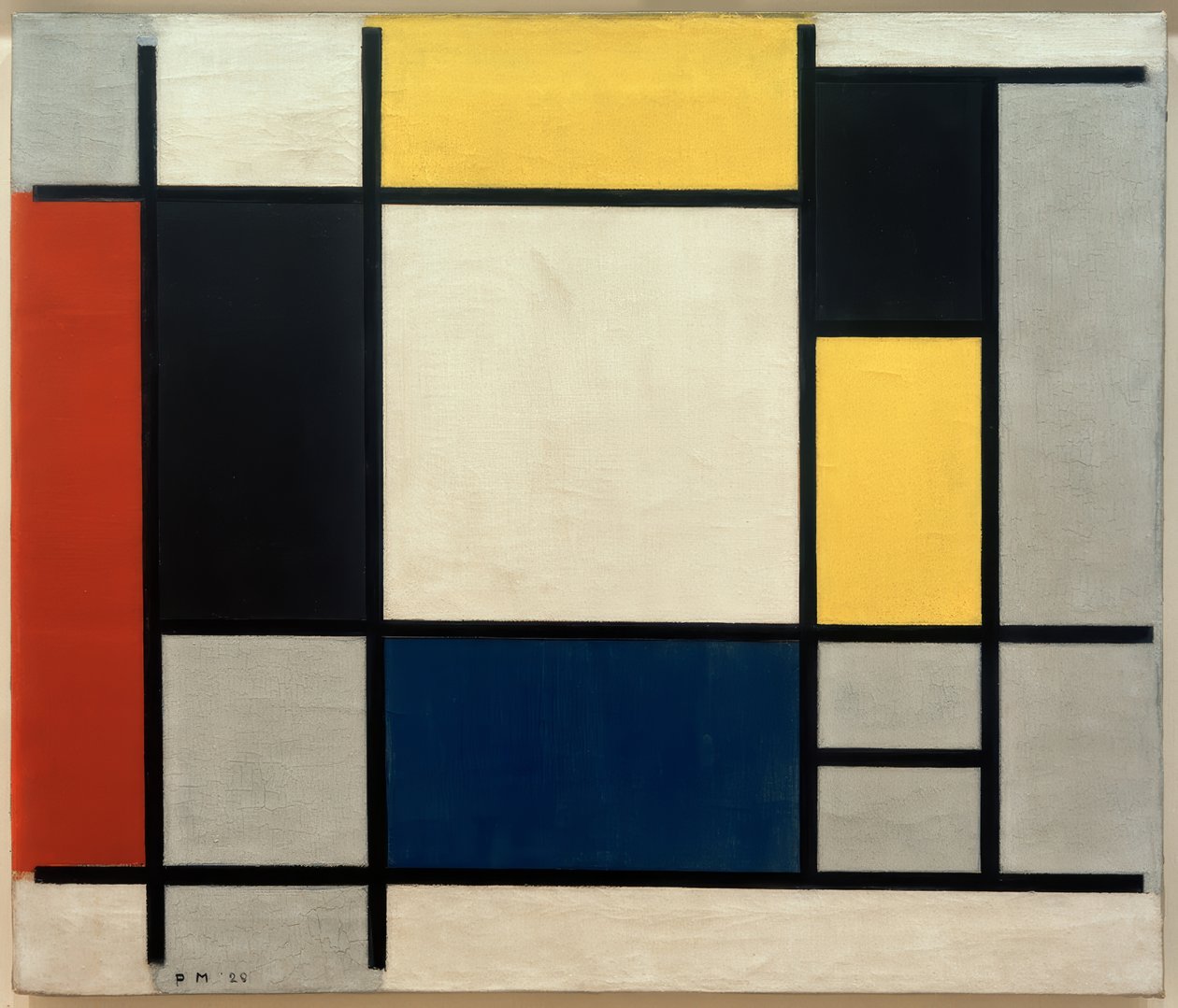 Összetétel: sárga, piros, fekete, kék és szürke alkotó: Piet Mondrian