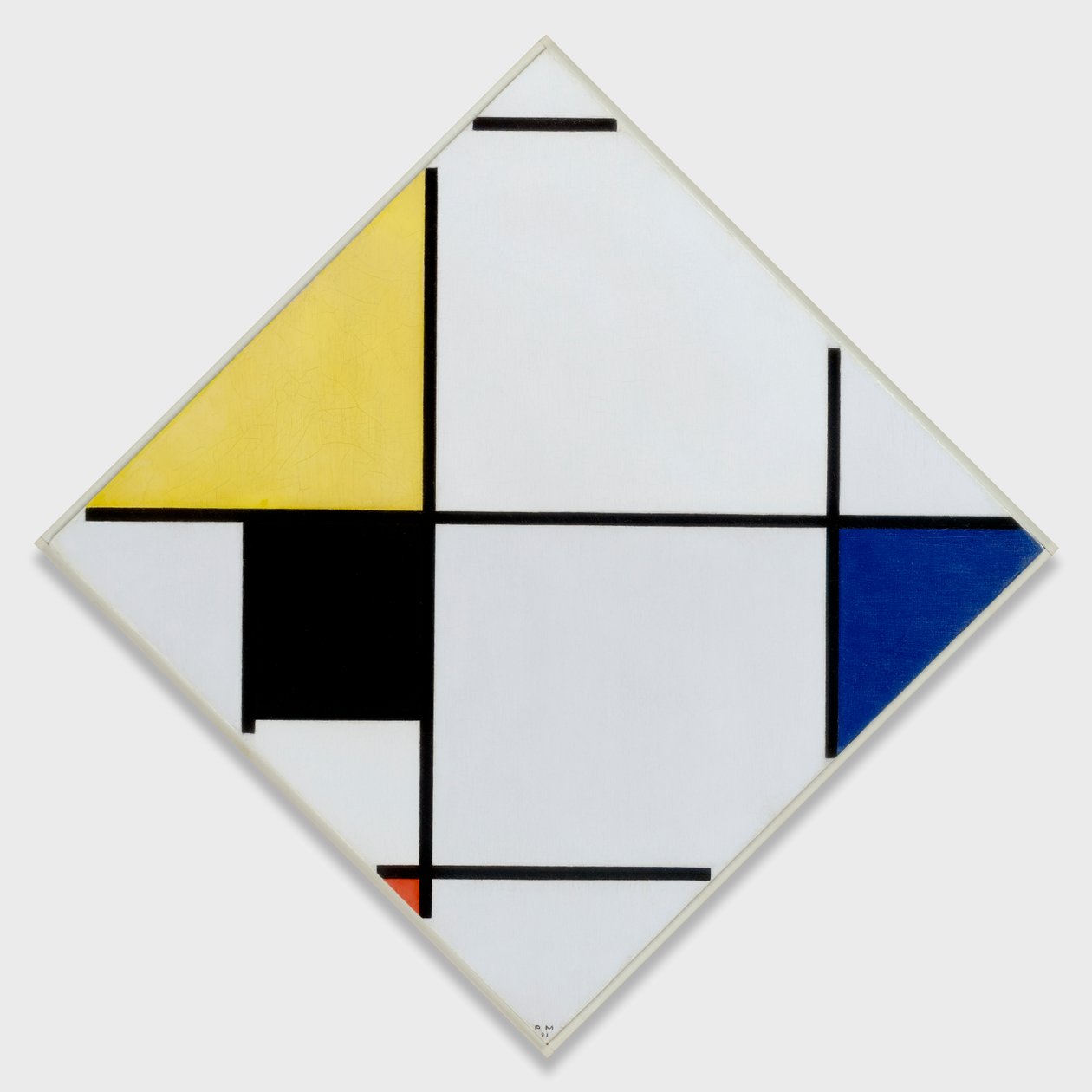 Rombuszkompozíció sárgával, feketével, kékkel, vörössel és szürkével alkotó: Piet Mondrian