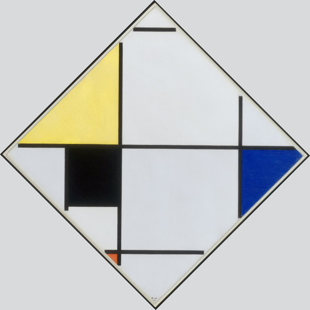 Pasztilla kompozíció sárgával, feketével, kékkel, pirossal és szürkével, 1921 alkotó: Piet Mondrian