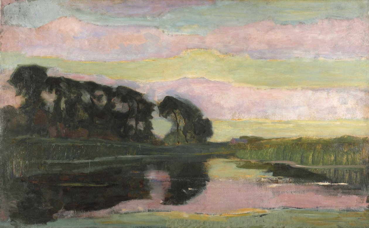 Folyami táj rózsaszín és sárgászöld égbolttal, kb. 1907-1908. alkotó: Piet Mondrian