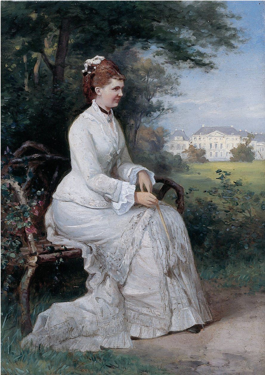 Emma von Waldeck-Pyrmont hercegnő portréja egy padon ülve a Palace Het Loo parkjában (olaj a fedélzeten) alkotó: Piet Schipperus