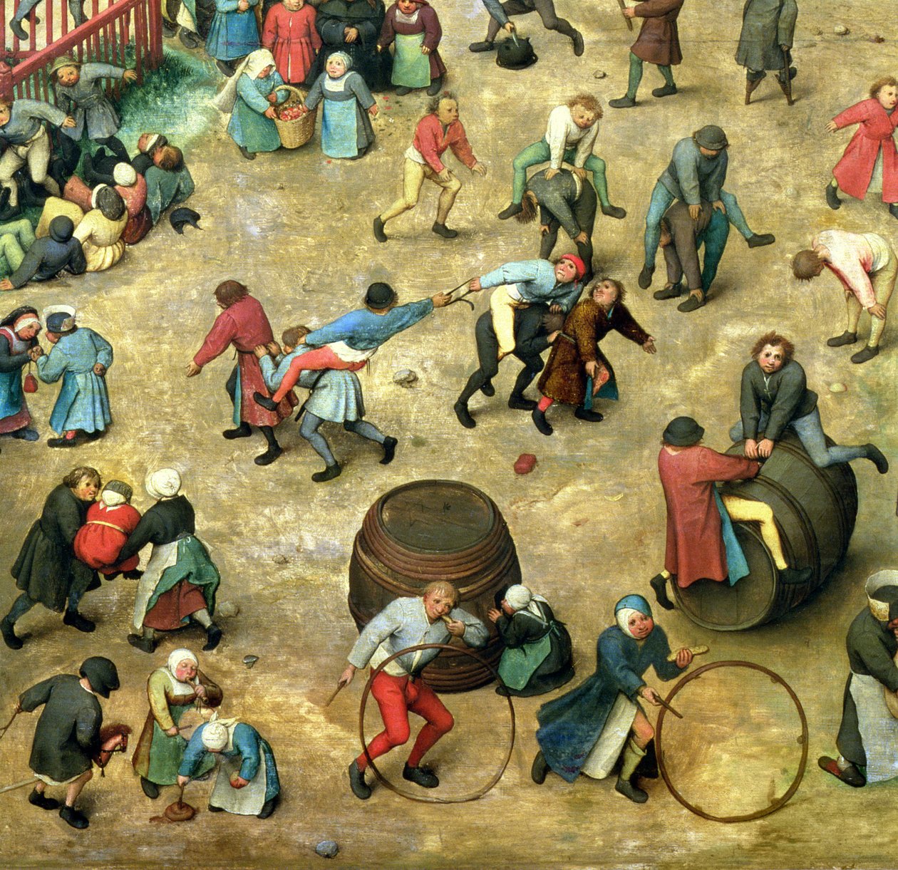 Gyerekjátékok (Kinderspiele): a különböző játékokat bemutató alsó rész részlete, 1560 (68945 részlet) alkotó: Pieter Bruegel the Elder