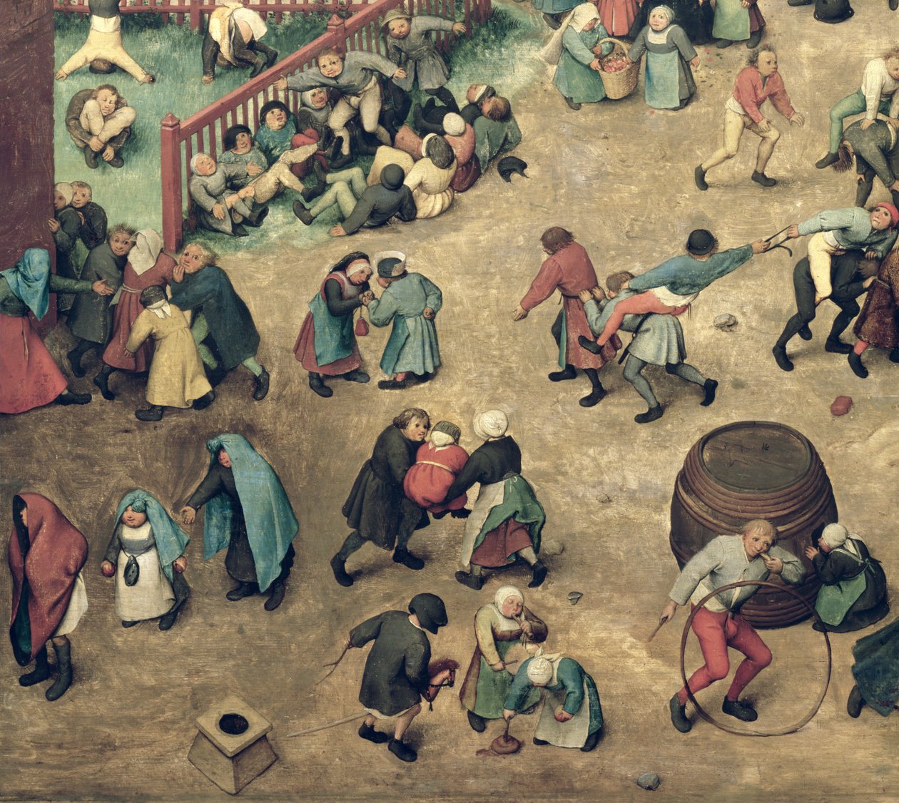 Gyerekjátékok (Kinderspiele): a bal oldali rész részlete, ahol a gyerekek bowlingot, kézenállást, hobbilovas játékot és egyéb játékokat mutatnak be, 1560 (68945 részlet) alkotó: Pieter Bruegel the Elder