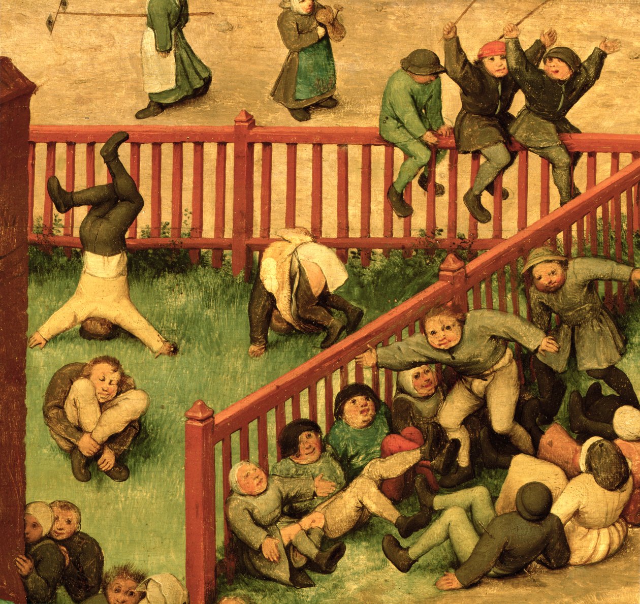 Gyermekjátékok (Kinderspiele): a bal oldali rész részlete, amelyen a gyerekek a kesztyűt futva tornáznak és a kerítésen egyensúlyoznak, 1560 (68945 részlet) alkotó: Pieter Bruegel the Elder
