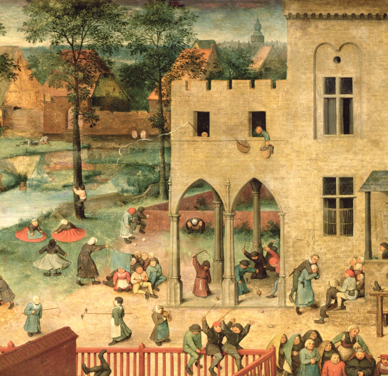 Gyerekjátékok (Kinderspiele): a bal felső sarokban lévő részlet, amelyen a gyerekek pörgettyűk és játszótálak láthatók, 1560 (68945 részlet) alkotó: Pieter Bruegel the Elder