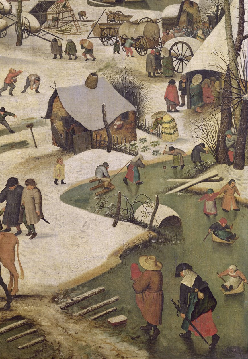 A betlehemi népszámlálás, részlet a befagyott folyón játszó gyerekekről alkotó: Pieter Bruegel the Elder