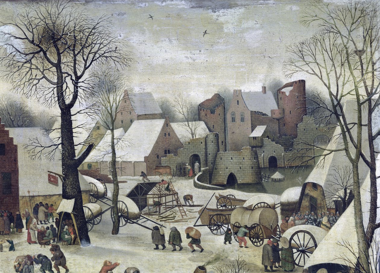 A betlehemi népszámlálás, részlet a házakról és az erődítményekről alkotó: Pieter Bruegel the Elder